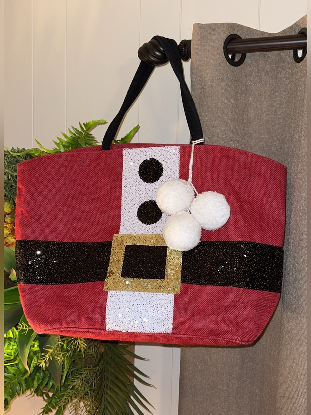 MUD PIE Christmas Holiday Seasonal Jute Tote Bag Sequin Shiny Santa Dazzle Red